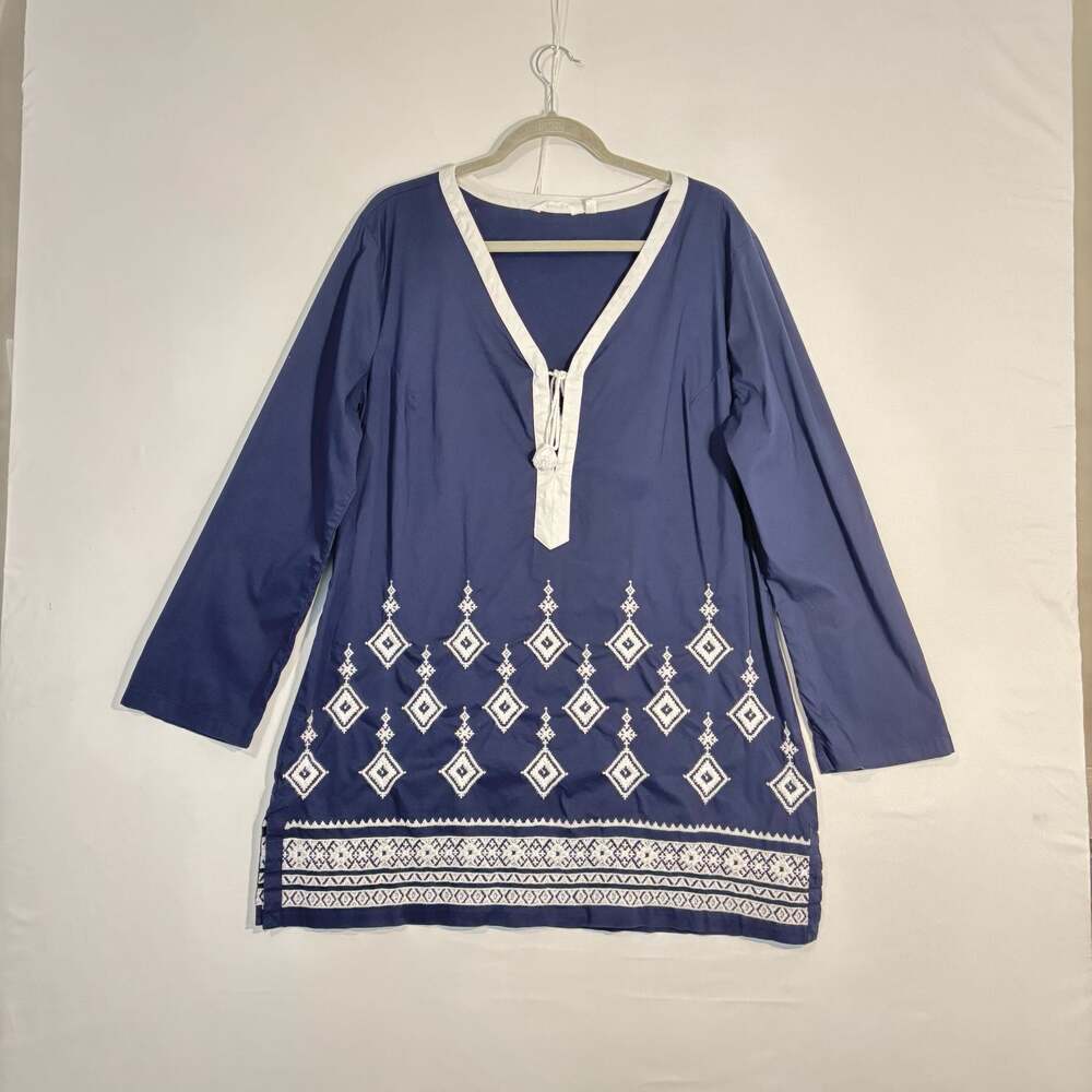 Athleta Womens Size XL Navy White Embroidered Tunic Top Long Sleeve V Neck Boho